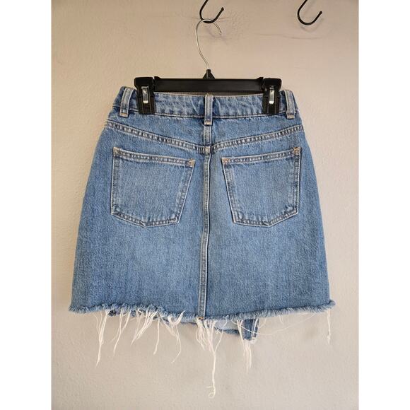 Topshop MOTO Asymmetrical Raw Hem Denim Mini Skirt Blue High Waist Size 0 - Picture 4 of 10